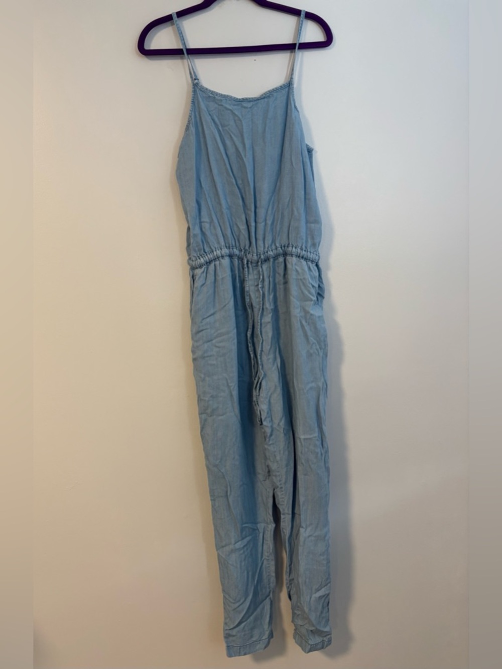 Ci Sono Spaghetti Strap light-wash denim chambray jumpsuit Romper jean overalls